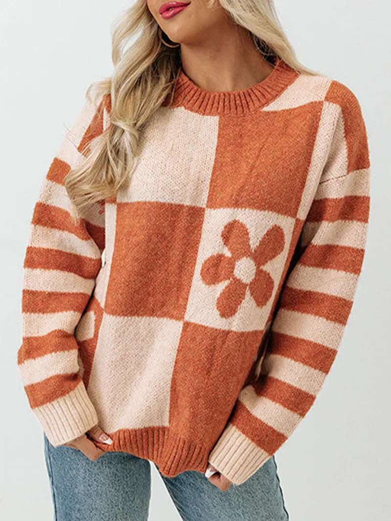 Brown Checkered Floral Print Striped Sleeve Sweater